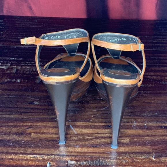Stuart Weitzman Brown Tan Leather Wood High Heel Platform Strappy Sexy - Picture 4 of 8